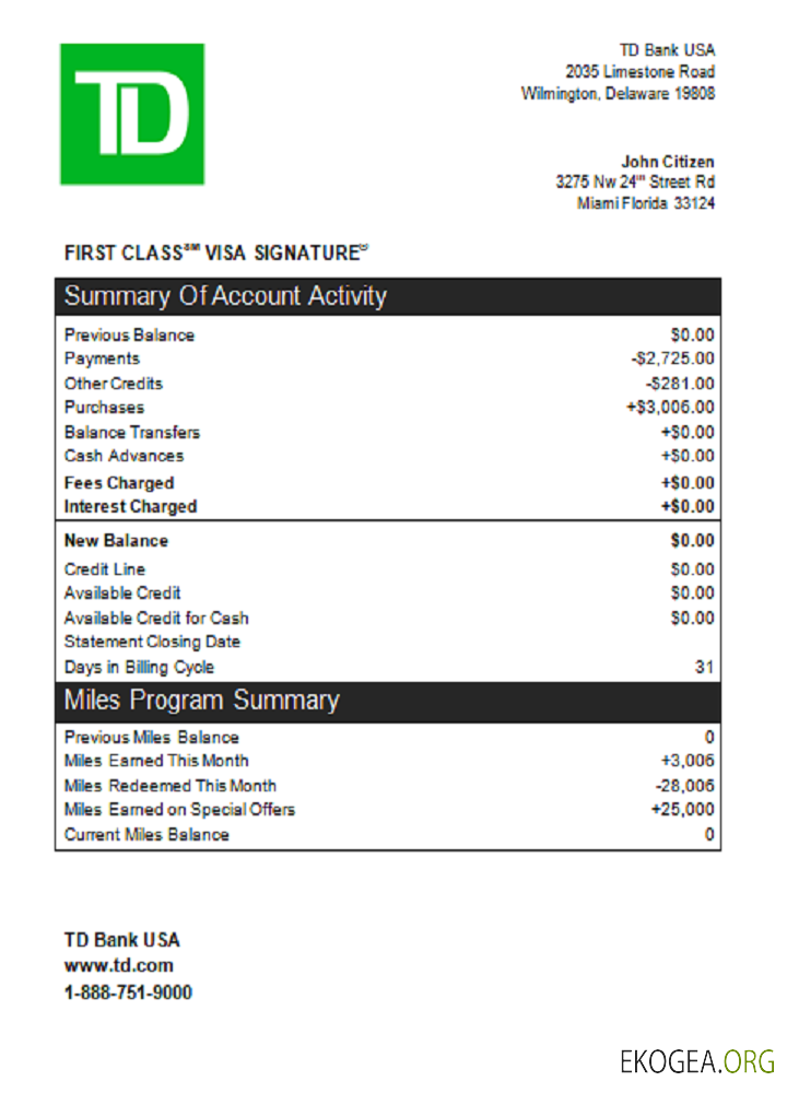 USA TD carte de crédit bancaire st
